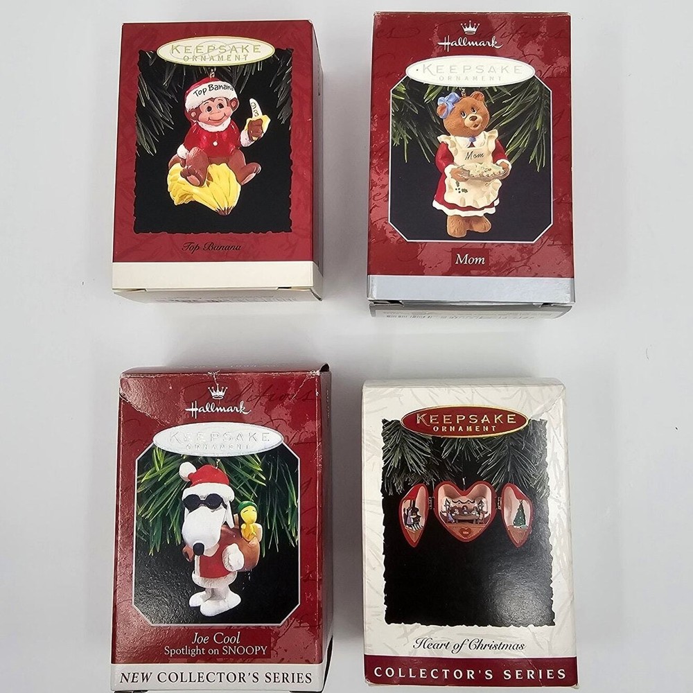 4 Vintage 90s Hallmark Keepsake Ornaments - Snoopy Mom Top Banana Monkey