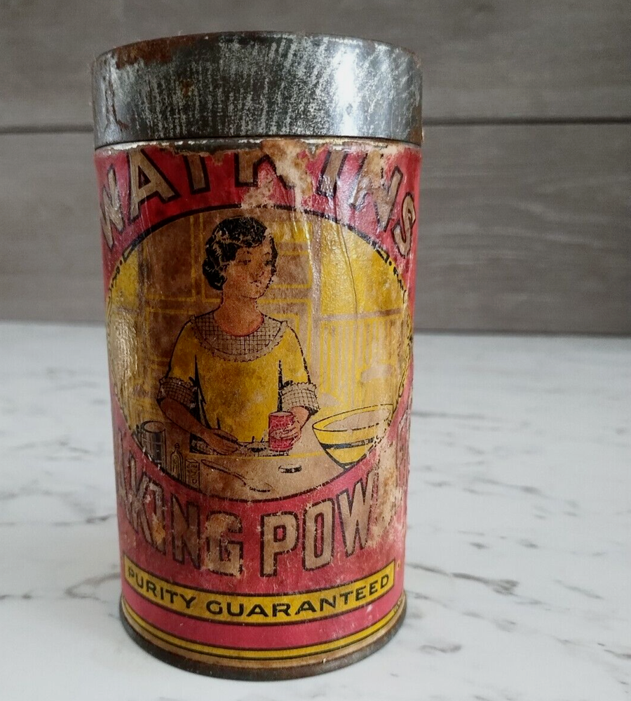 Vintage 1900s Watkins Baking Powder 1 Lb Paper Label Tin Can w/Original Lid