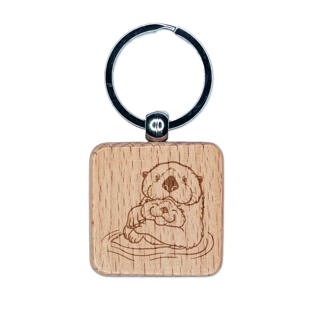 Mom Sea Otter and Baby Mother's Day Engraved Wood Square Keychain Tag Charm