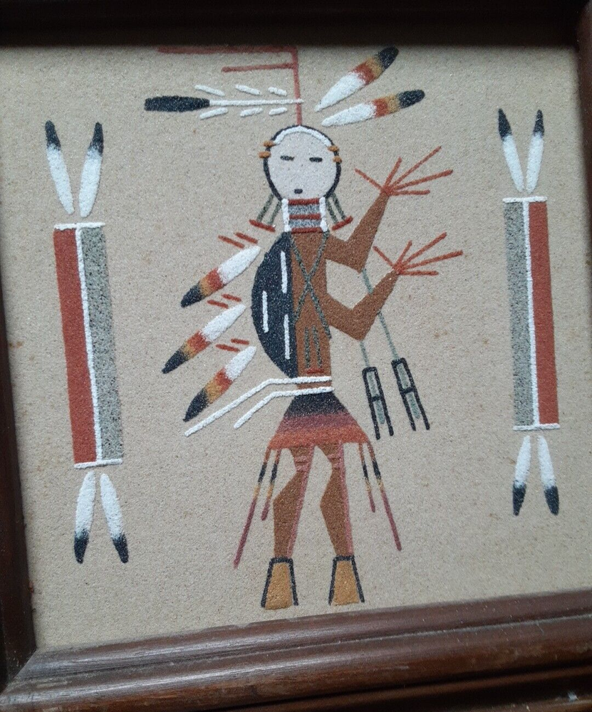 Hand Made South Western Sand Art Figure in Wood Frame Hunch back  Yei