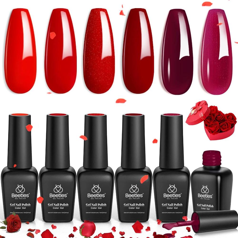 Beetles Red Gel Nail Polish Set - 6 Colors Bloody Mary Collection with Shimmer