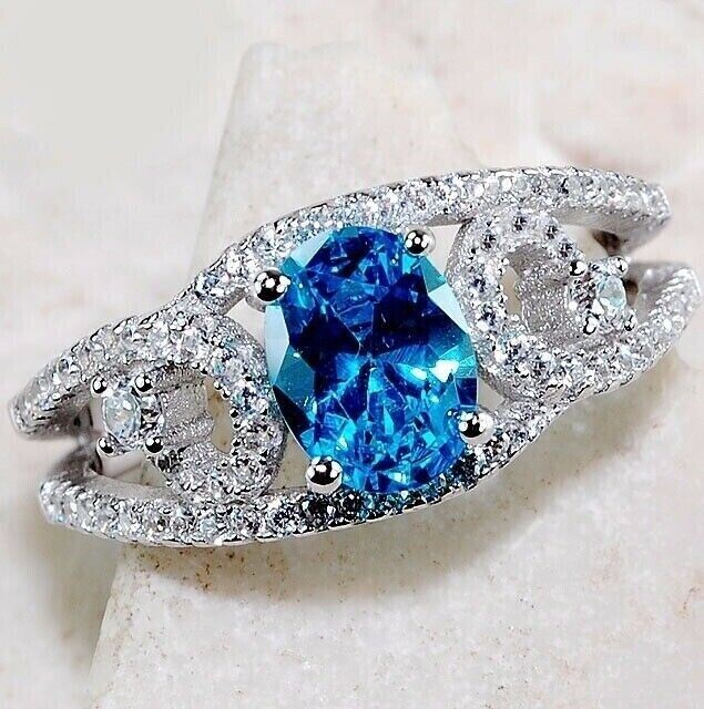 3CT Aquamarine Topaz Sterling Silver Ring Size 7