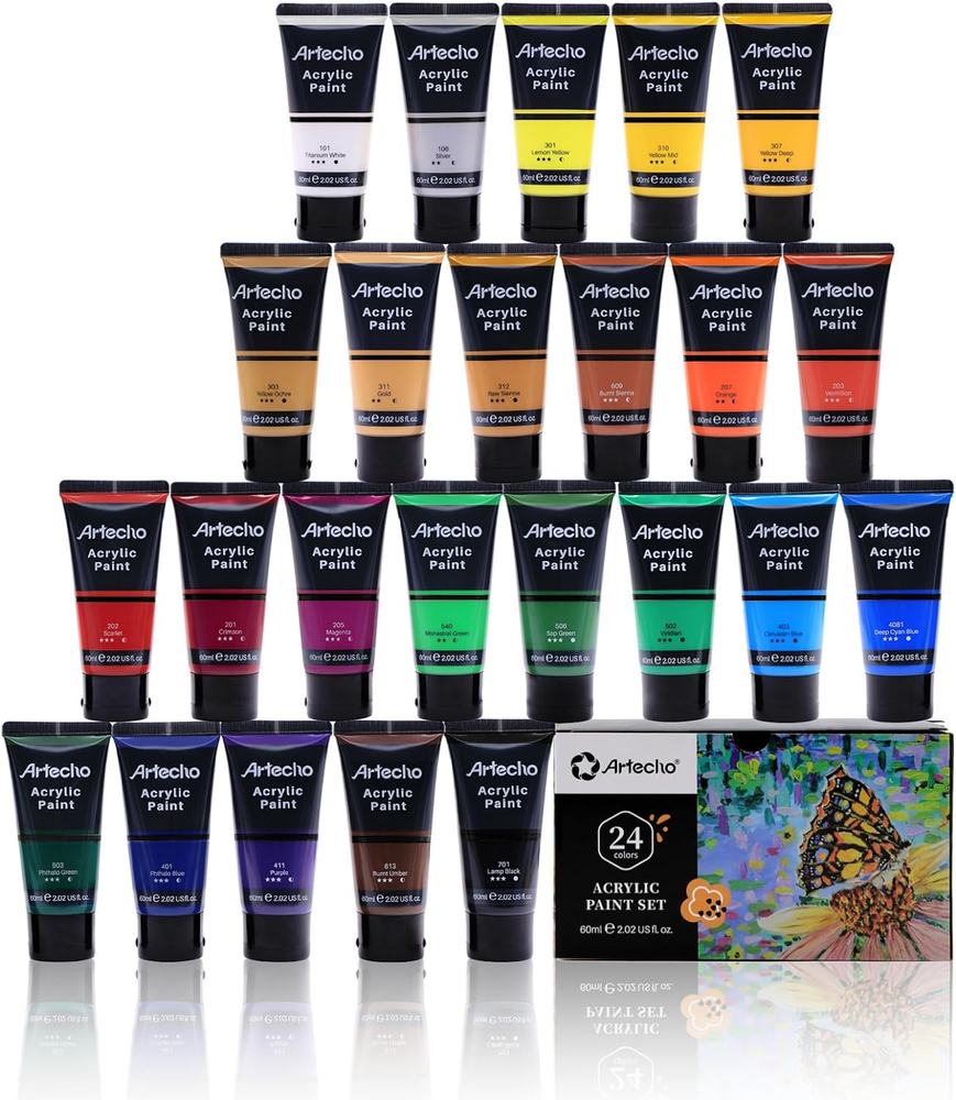 Professional Acrylic Paint Set, 24 Basic Colors Tubes (60Ml / 2.02Oz) Art Craft