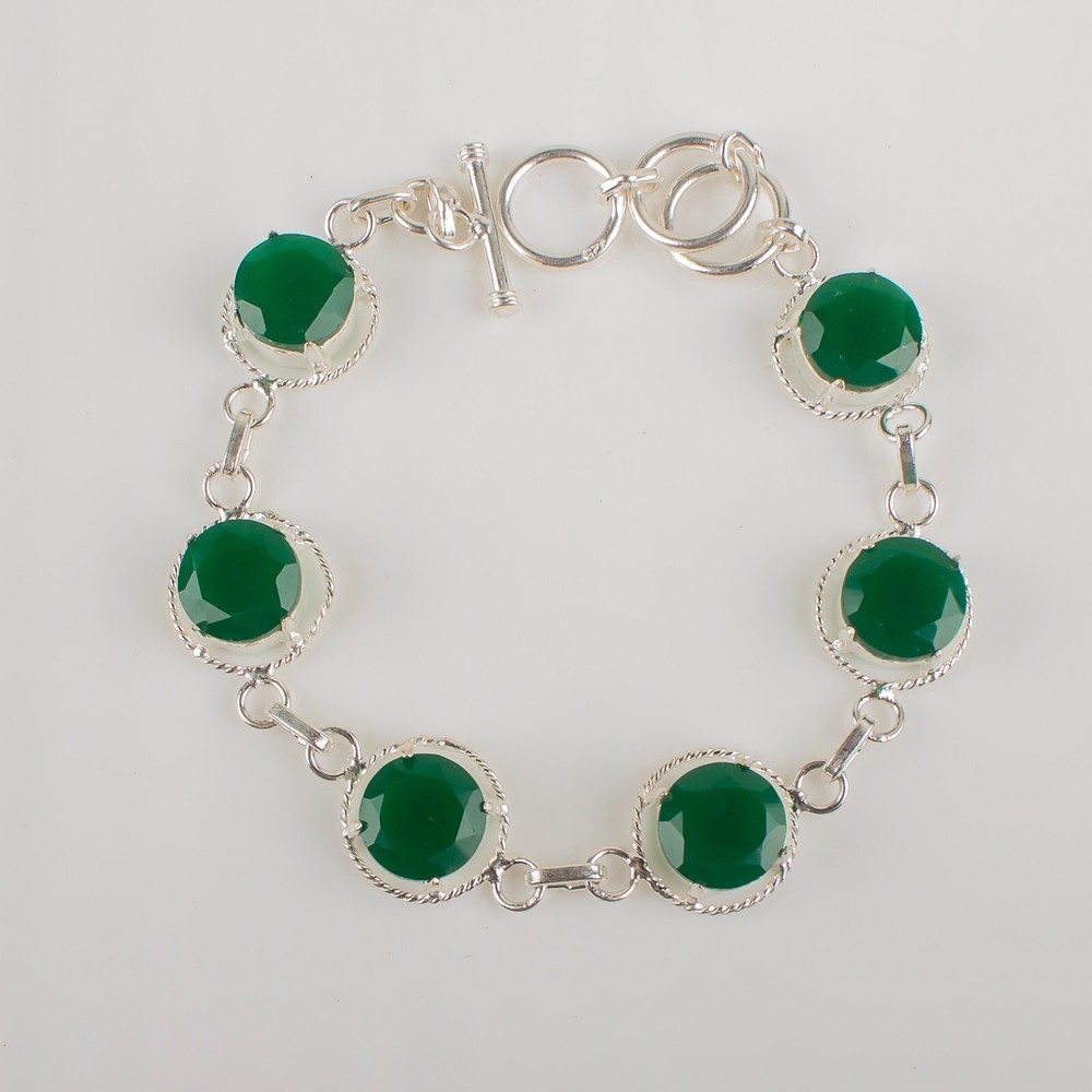 Gift For Her 925 Sterling Silver Natural Green Onyx Gemstone Chain Bracelet