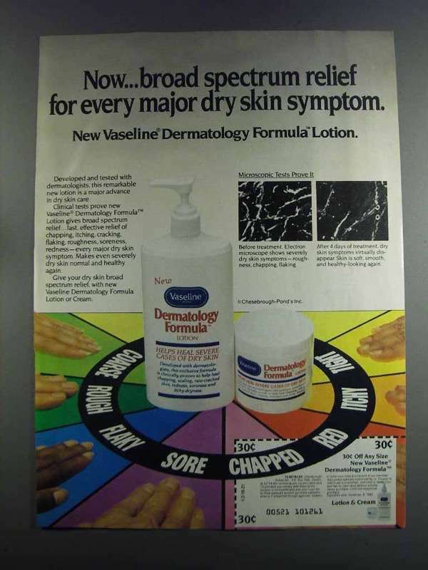 1982 Vaseline Dermatology Lotion Ad for Dry Skin Relief