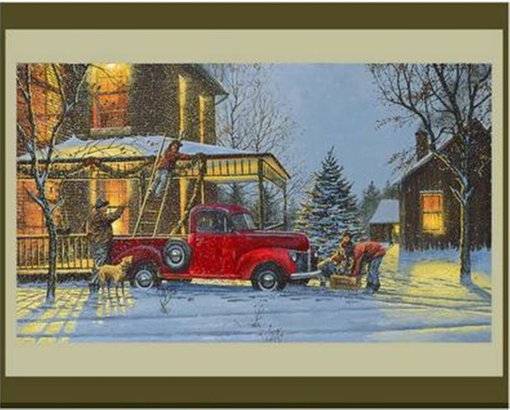 Sale Christmas Red Truck Old Fashioned Quilt Top Wall Hanging Panel Fabric-image