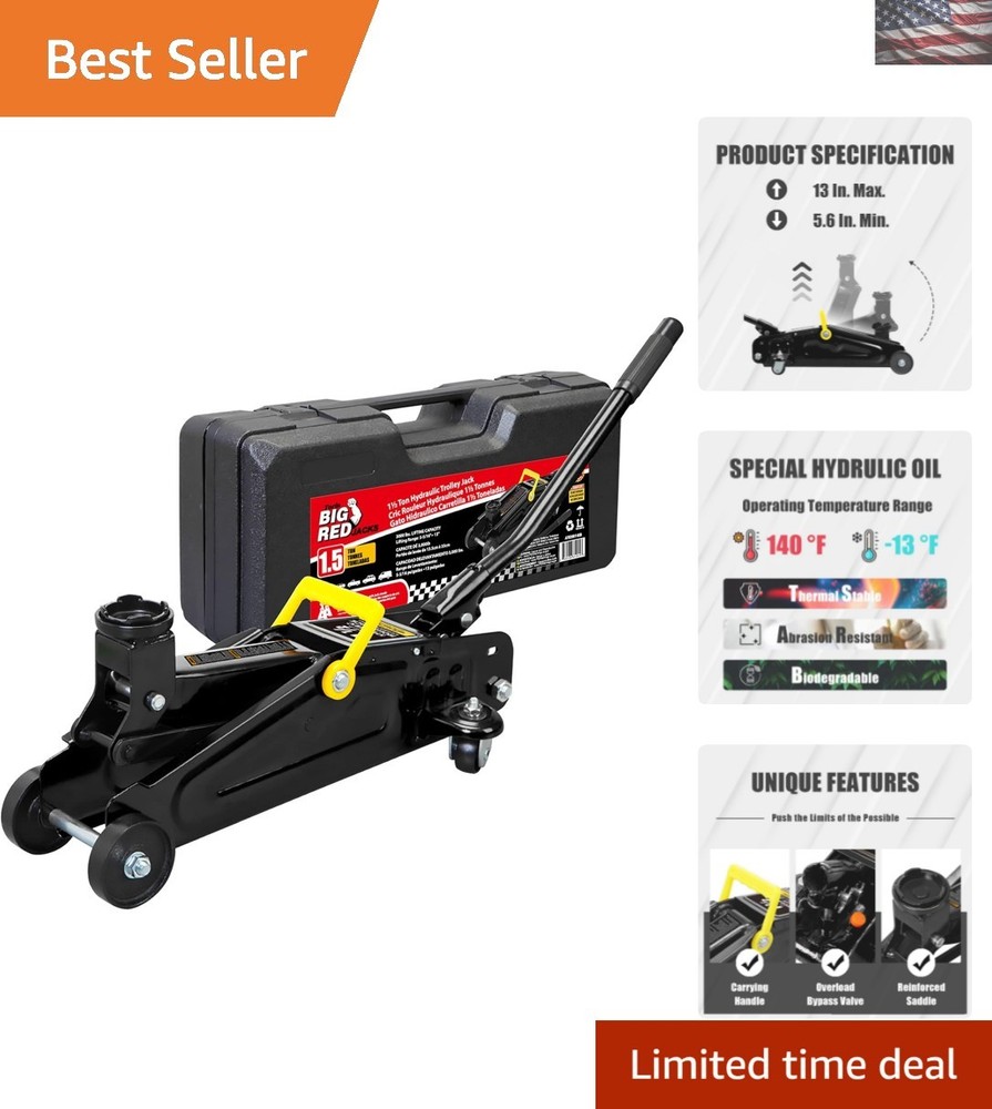 1.5 Ton Portable Hydraulic Floor Jack with Storage Case & Safety Features