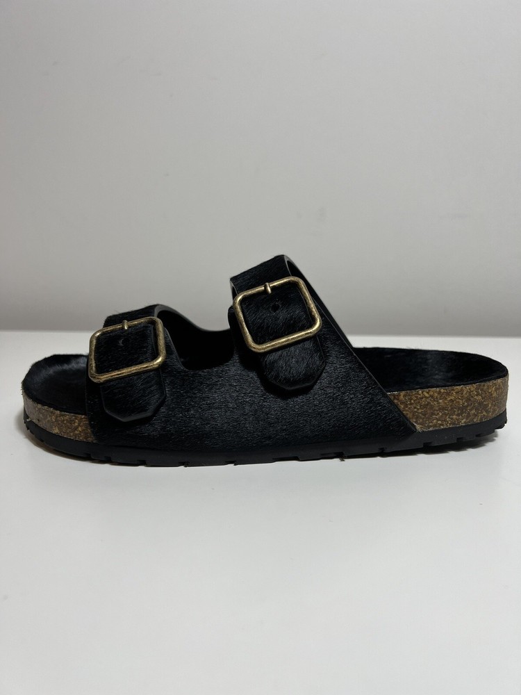 YSL Saint Laurent Black Gold Buckle Pony Jimmy Flat Sandals Size 37.5