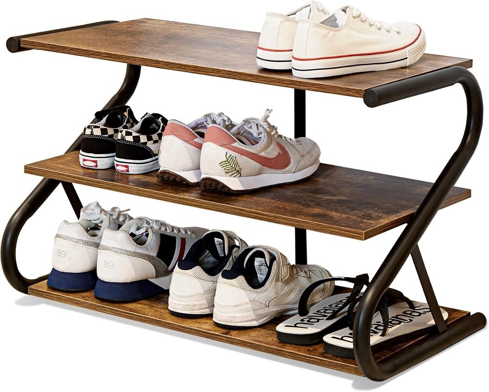 3-Tier Z-Frame Wooden Shoe Rack with Metal Shelves for Hallway