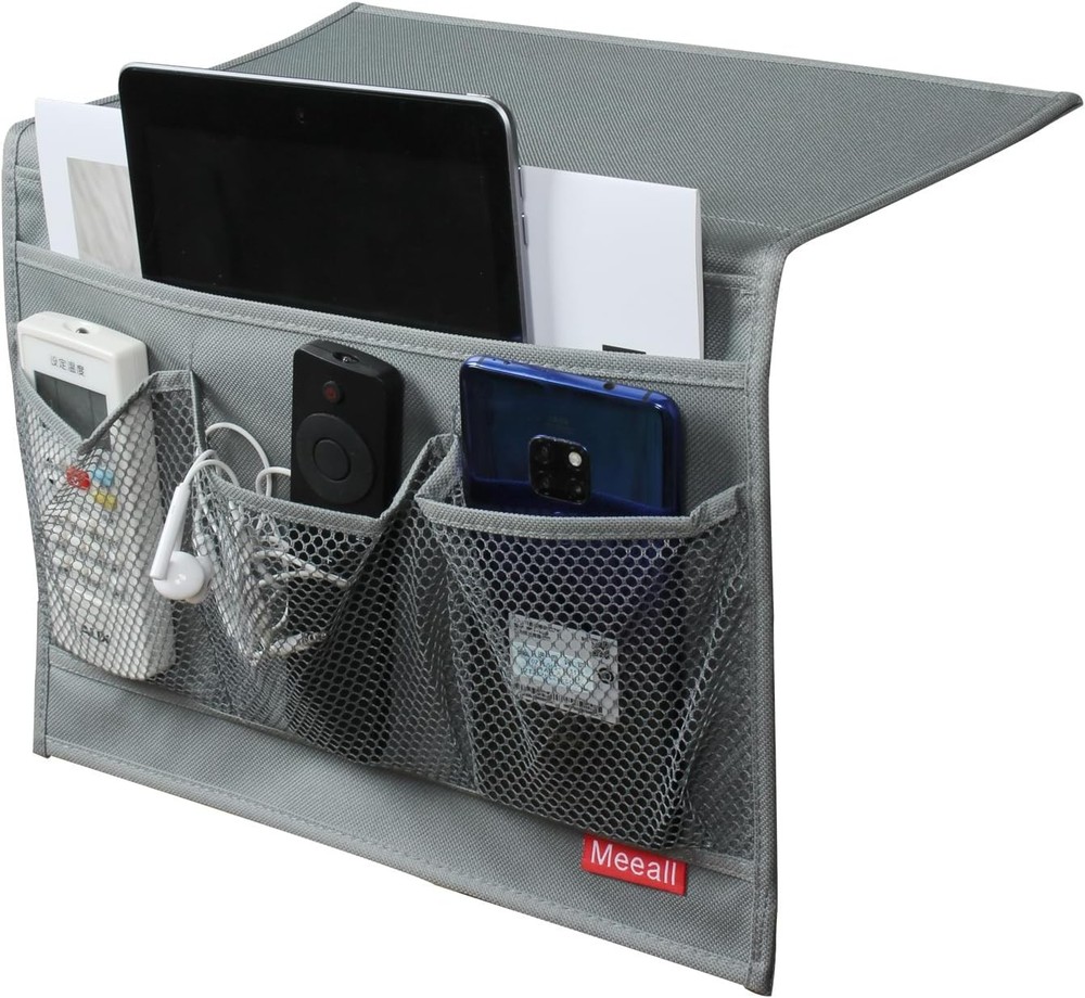 Bedside Storage Organizer with Pockets, Caddy, Table 4 Grey