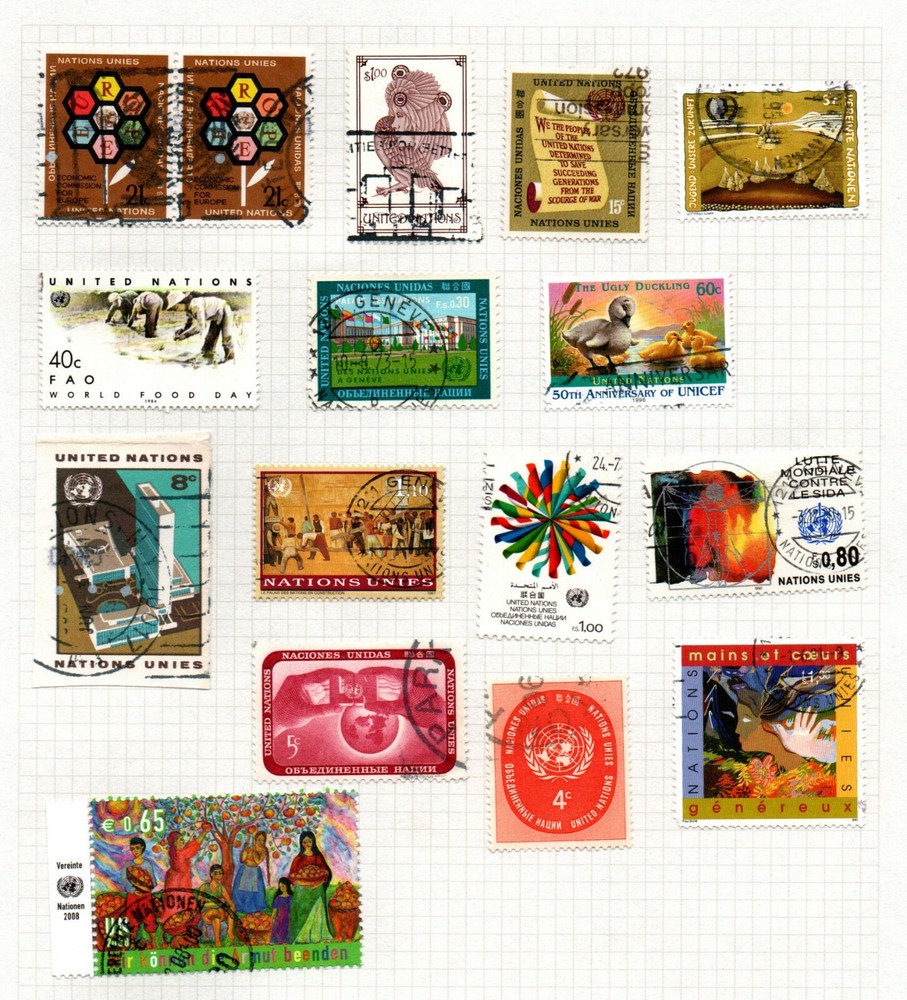 United Nations selection of 15 stamps mounted on album page.