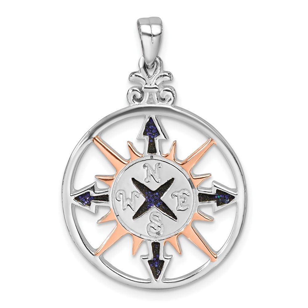 925 Sterling Silver Rhodium-plated Polished Enameled Compass Rose-tone Pendant