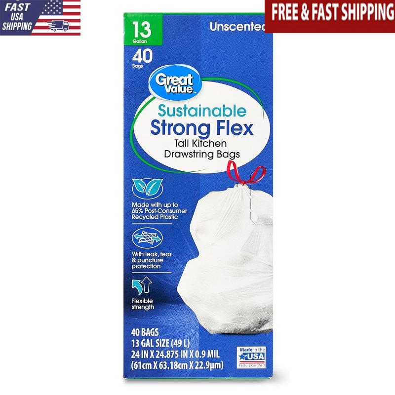 Sustainable 13 Gallon Drawstring Kitchen Trash Bags 40 Count Strong Flex New