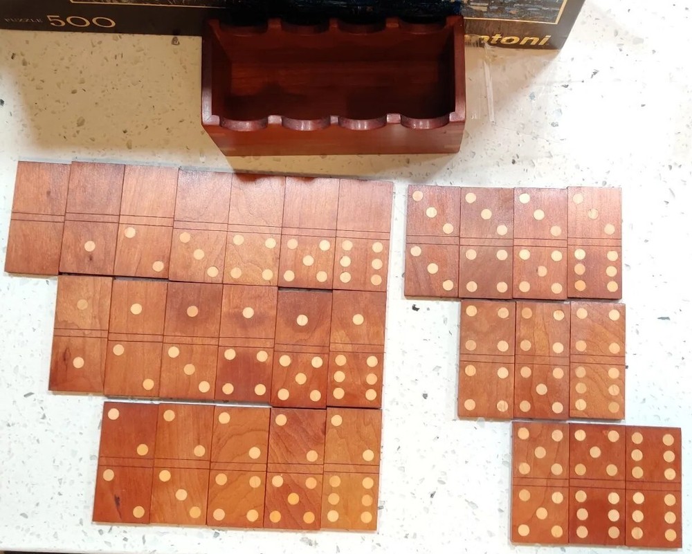 Natural Polished Wooden Double 6 Domino Set - 28 Handcrafted Tiles with Box-image
