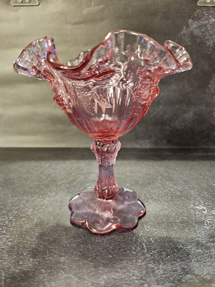 Fenton Rose Pink Cabbage Rose Ruffled Pedestal Compote Dish Vintage