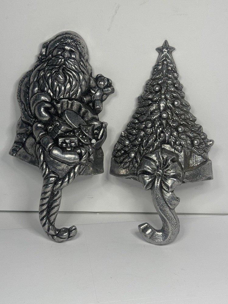 Carson Pewter Christmas Stocking Hangers with Hooks Santa and Tree Vintage