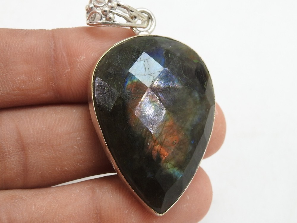 Christmas Gift Labradorite Brass Pendant Faceted Cabochon Multi Fire Jewelry