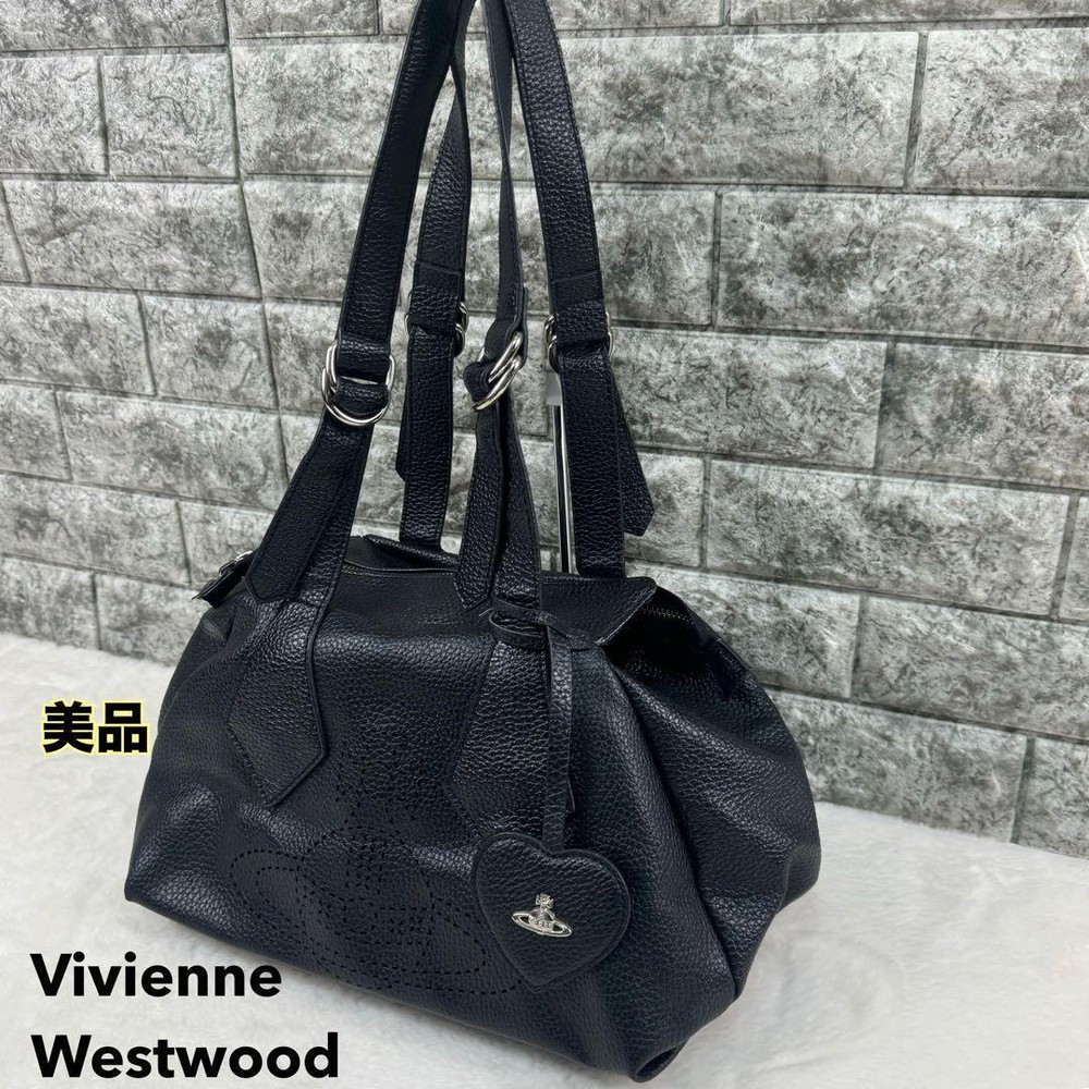 Vivienne Westwood Tote Bag Shoulder Bag Orb Logo Black Leather Authentic Japan
