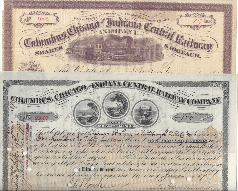 2 Columbus, Chicago & Indiana Central RY Stocks 1868 & 1887 Different Formats