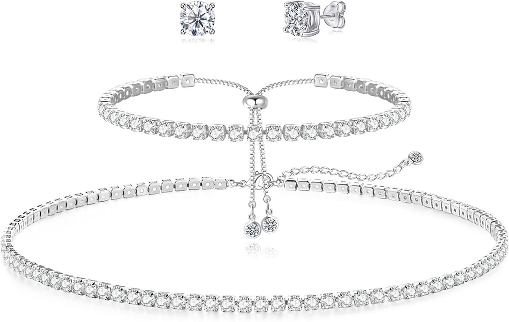 Sterling Silver Tennis Necklace Bracelet Set for Women - Dainty Choker & Elegant Chain