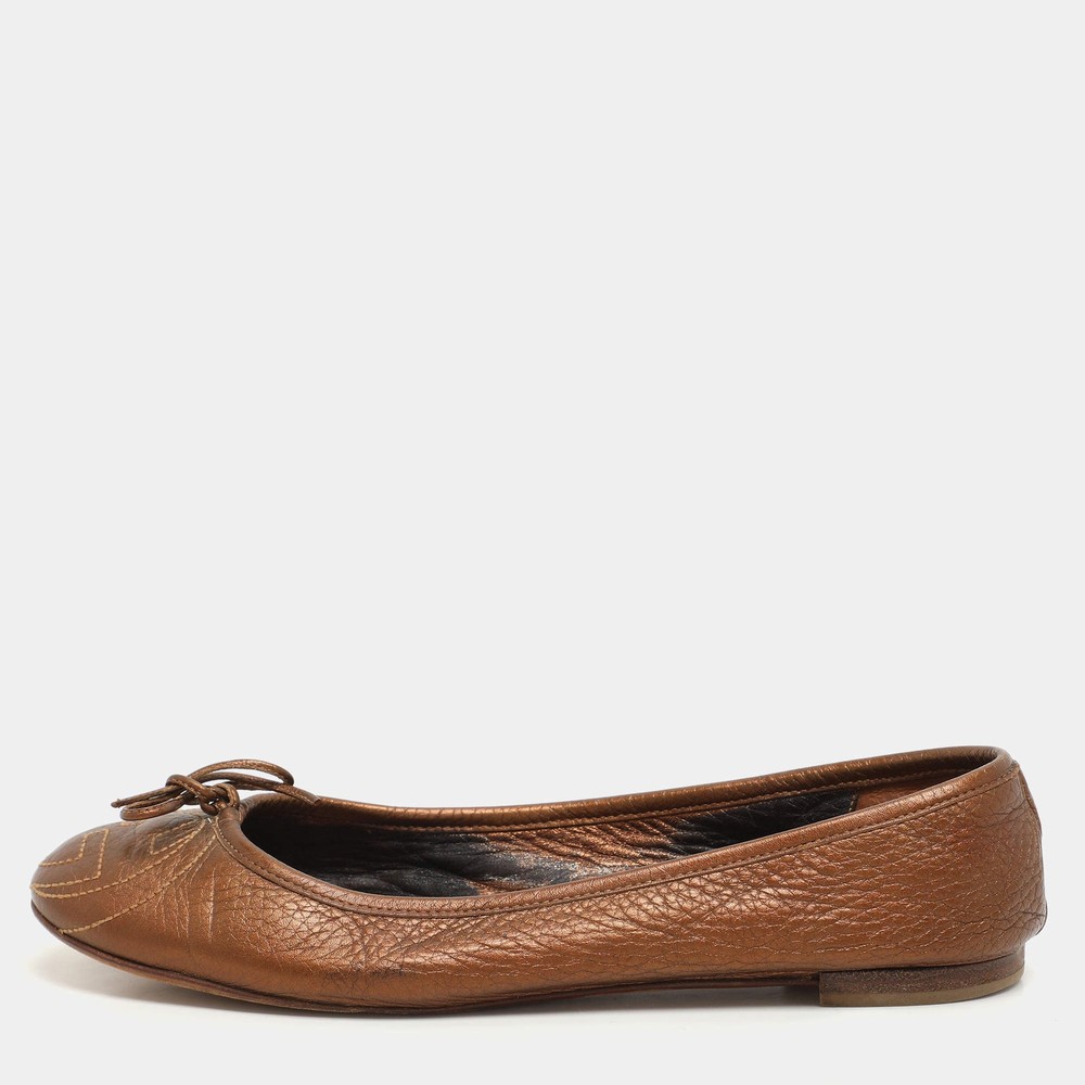 Gucci Metallic Brown Leather Bow GG Interlocking Ballet Flats Size 38.5