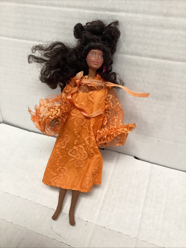 Black Hasbro Fashion Doll, Curly Dark Hair, Brown Eyes, Orange Dress