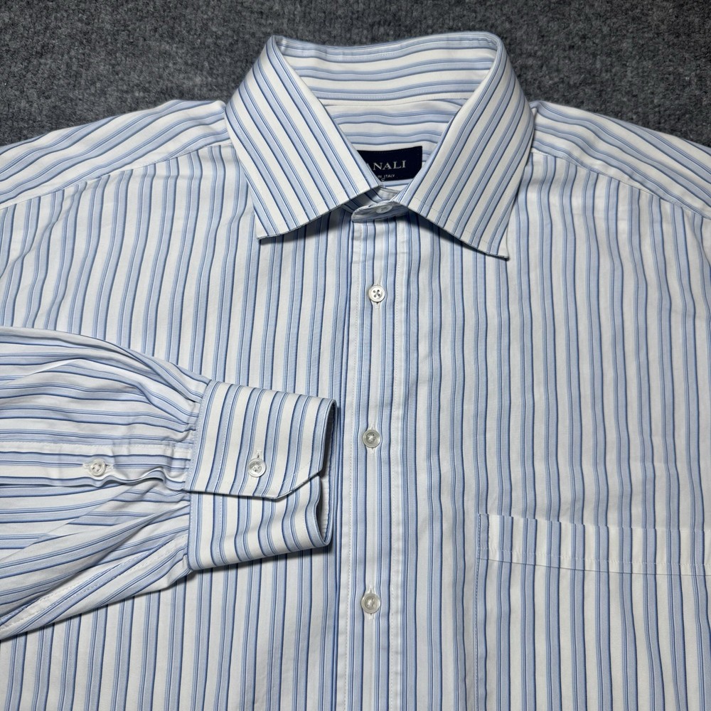 Canali Shirt Mens 16.5 42 Blue White Stripe Button Up Dress Shirt Made Italy