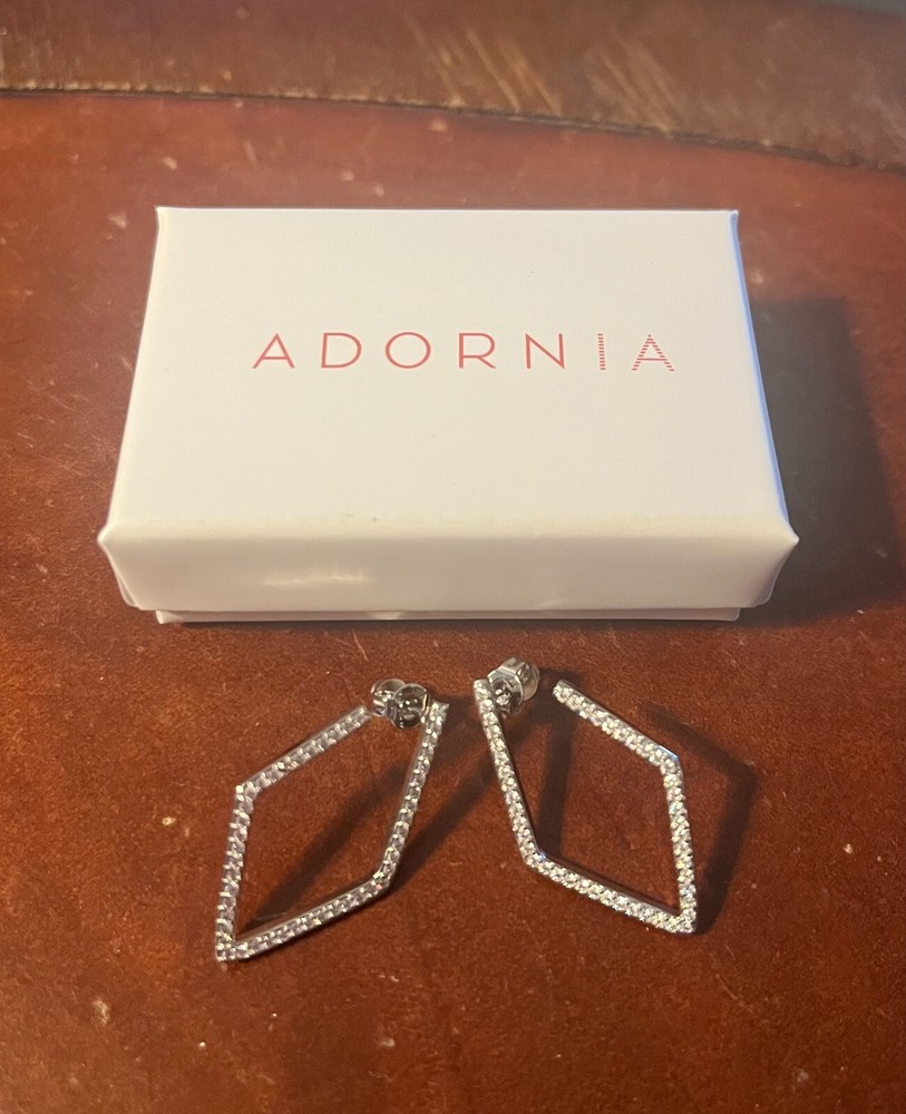 Adornia White Rhodium Silver Swarovski CZ Triangle Hoop Earrings New