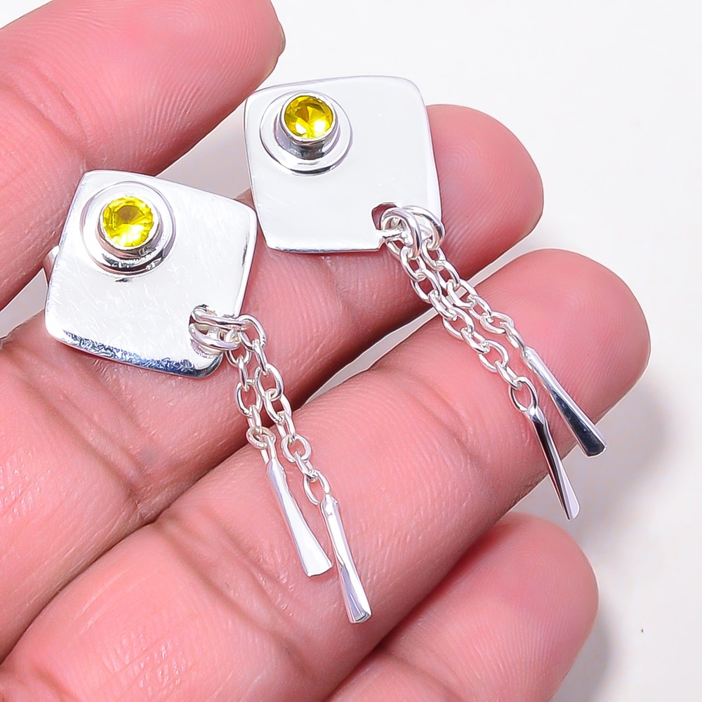 Lemon Quartz Gemstone Sterling Silver Handmade Designer Earrings 1.72 Inch