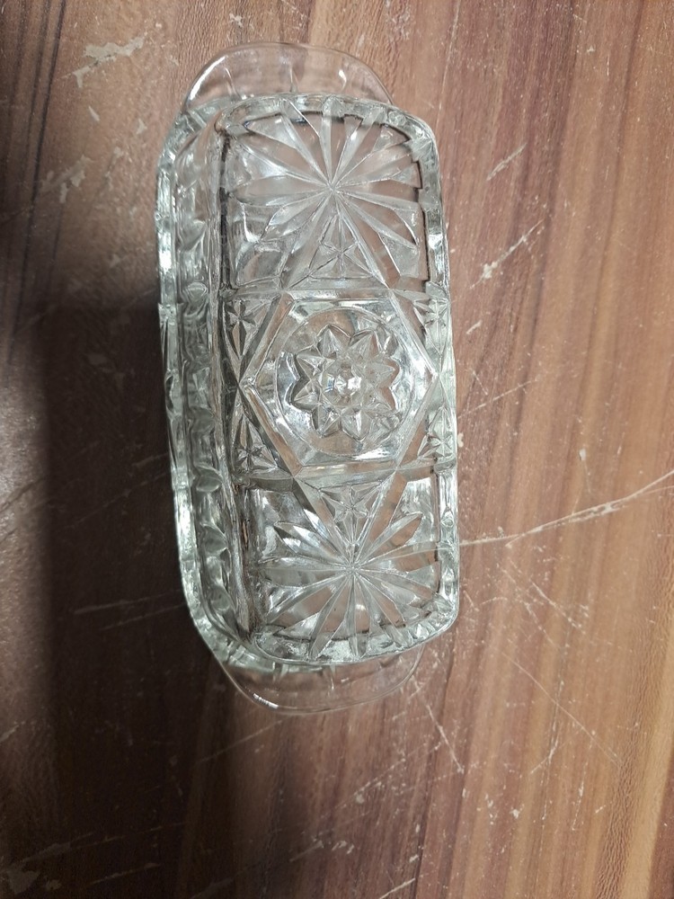 Vintage Anchor Hocking Clear Glass Pressed Cut Starburst Butter Dish Lid & Base