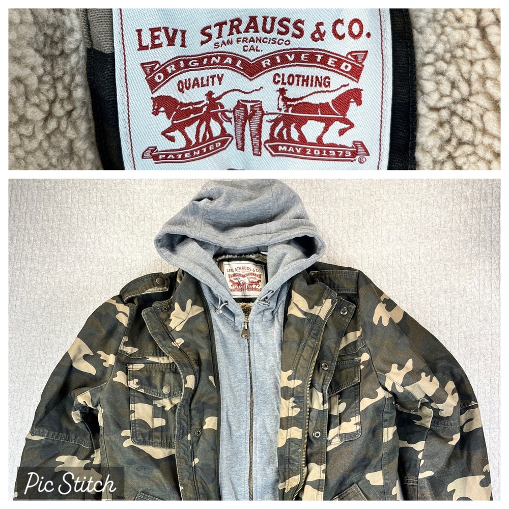 Levi Strauss Camo Sherpa Lined removable Hooded Field Jacket Mens M Zip/Snap Up