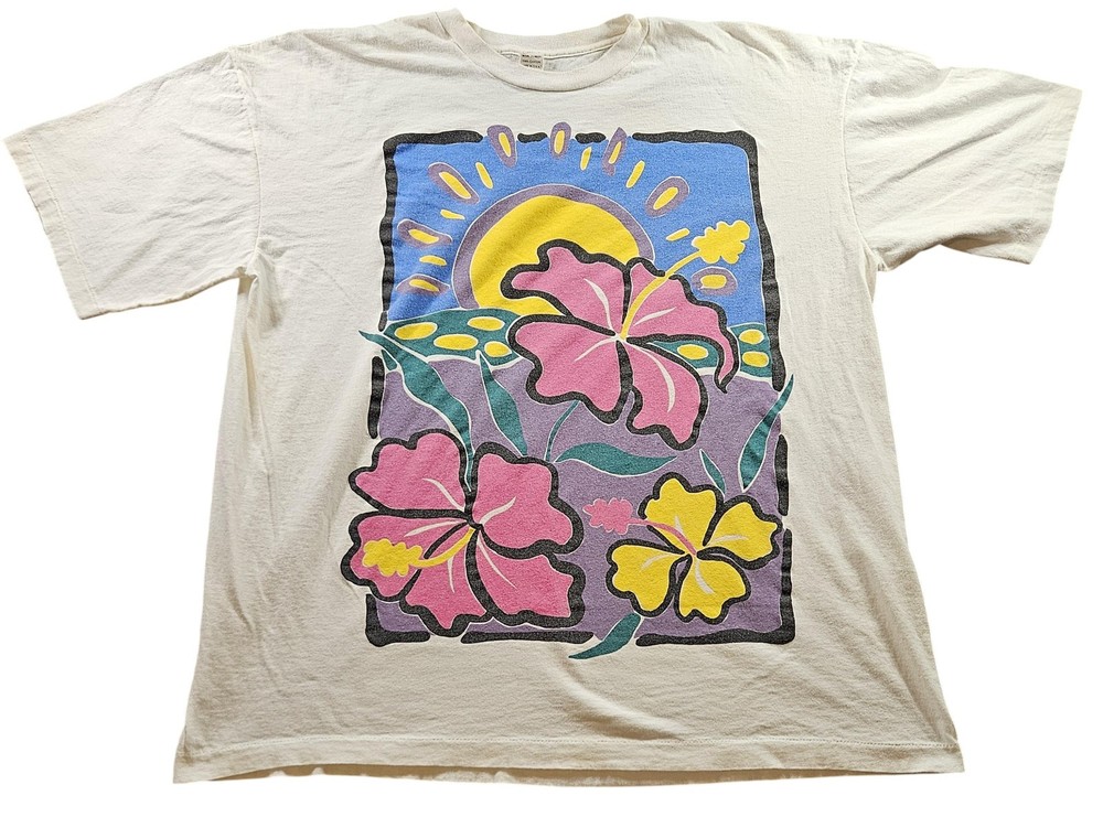 Vintage Sherry Shirt Mens 2XL White Colorful Floral Hibiscus Sun Graphic 90s USA