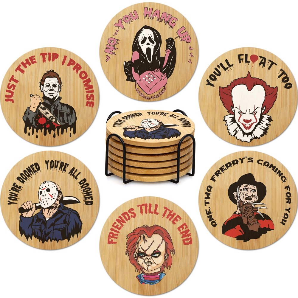 6Pcs Horror Movie Character Spooky Coasters Gift Set with Holder - Horror Mov...
