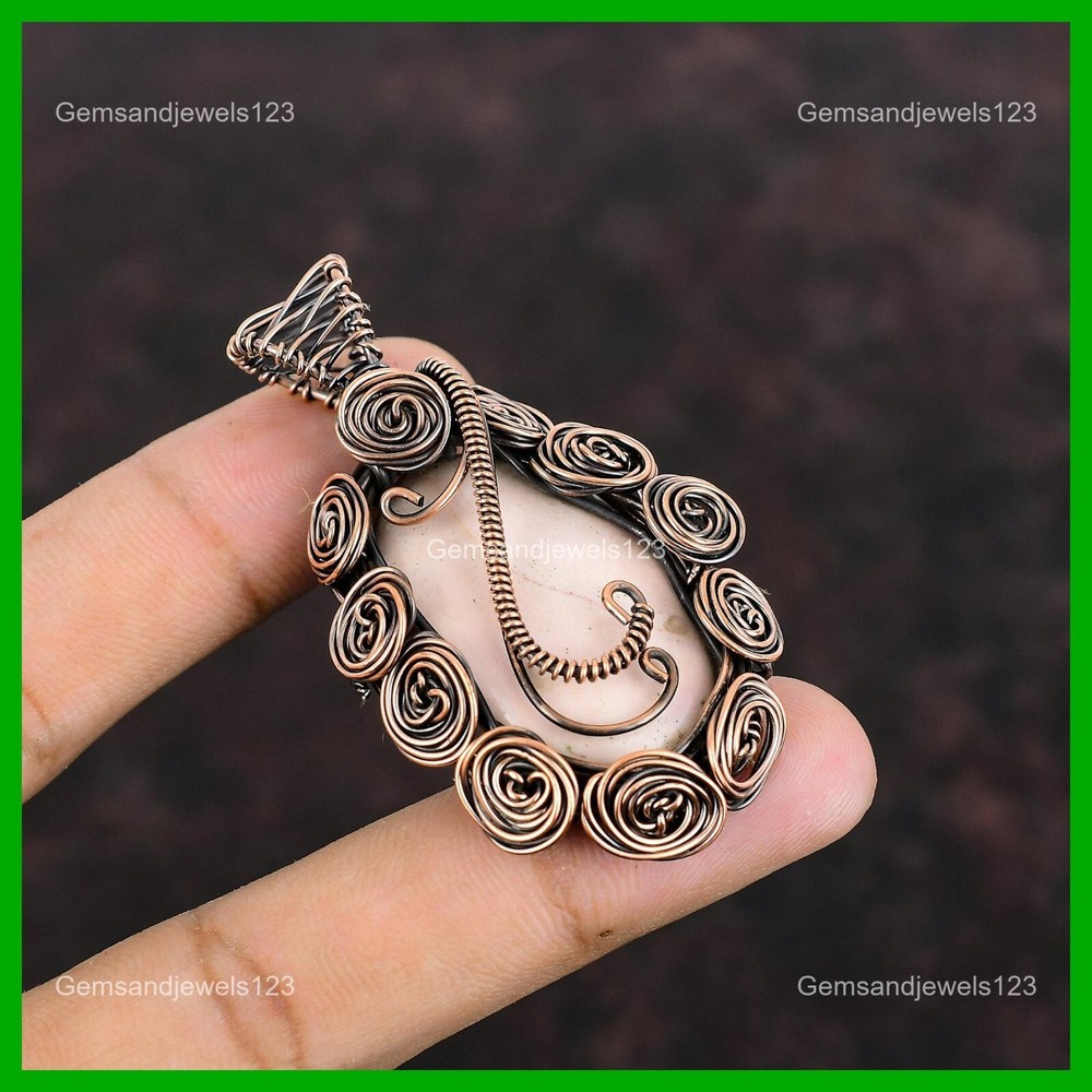 Mothers day Sale Natural Pink Opal Wire Wrapped Flower Pendant Jewelry Copper