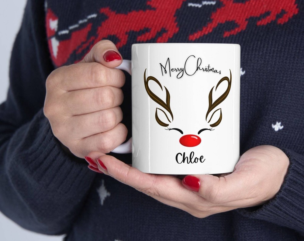 Christmas Mug Reindeer Face Mug Secret Santa Gift Custom Name Mug Cute Coffee