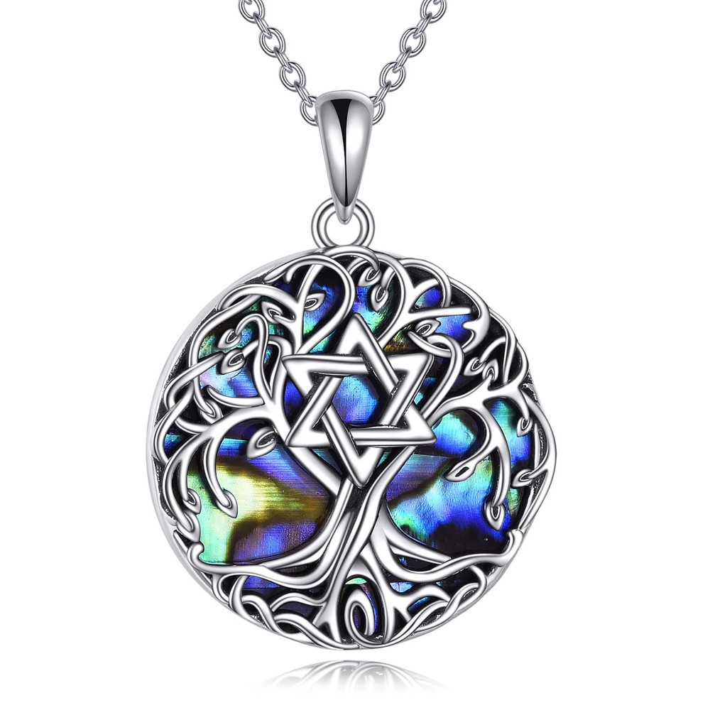 Tree of Life Necklace Sterling Silver Jewish Star of David Tree Pendant Abalo...