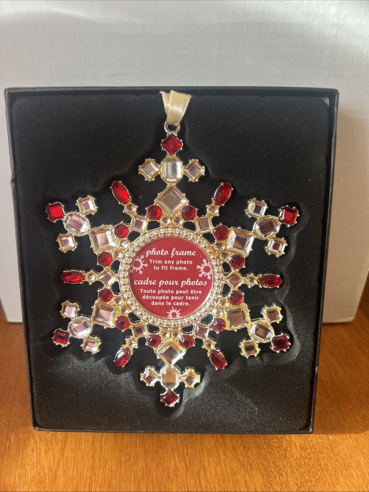 Snowflake Photo Frame Ornament with Rhinestones in Silver Gold Red Gift Box