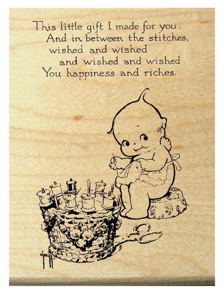 P29  Kewpie sewing vintage postcard image rubber stamp WM 3x2