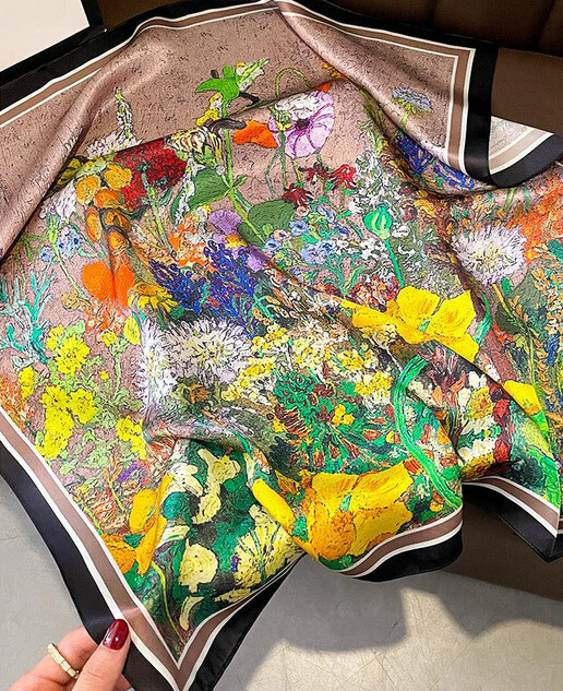 100% Mulberry Silk 26-Inch Floral Green Scarf for Women Wrap or Neckerchief