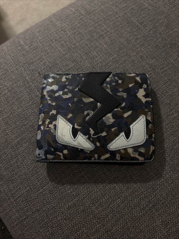 Fendi Roma Monster Eyes Leather Rfid Bifold Men's Wallet Made In Italy