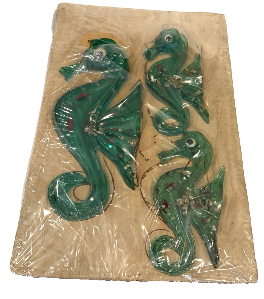 Set of 3 MCM Green Lucite Sea Horse Wall Plaques Abalone Shell 1 -12