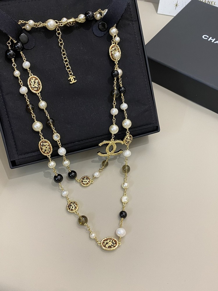 Adorable CHANEL Black Onyx CCS Necklace with Pearl Accents Sweater Chain from 24C Collection