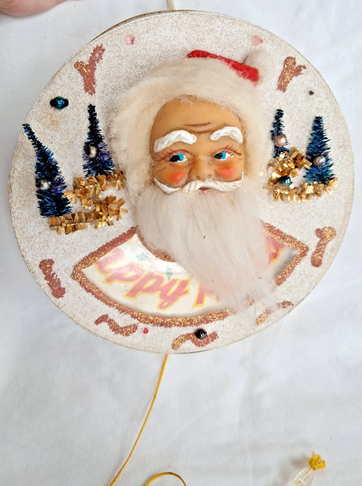 Vintage Putz Musical Santa Wall Hanging Jingle Bells Japan MCM Glitter Cardboard