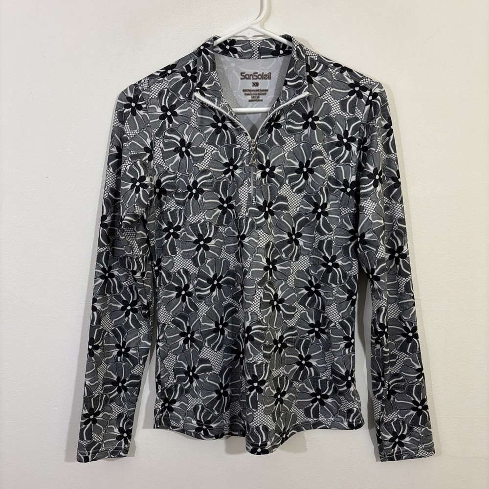 San Soleil XS Floral Long Sleeve Top Gray Quarter Zip UPF 50 Golf Equestrian
