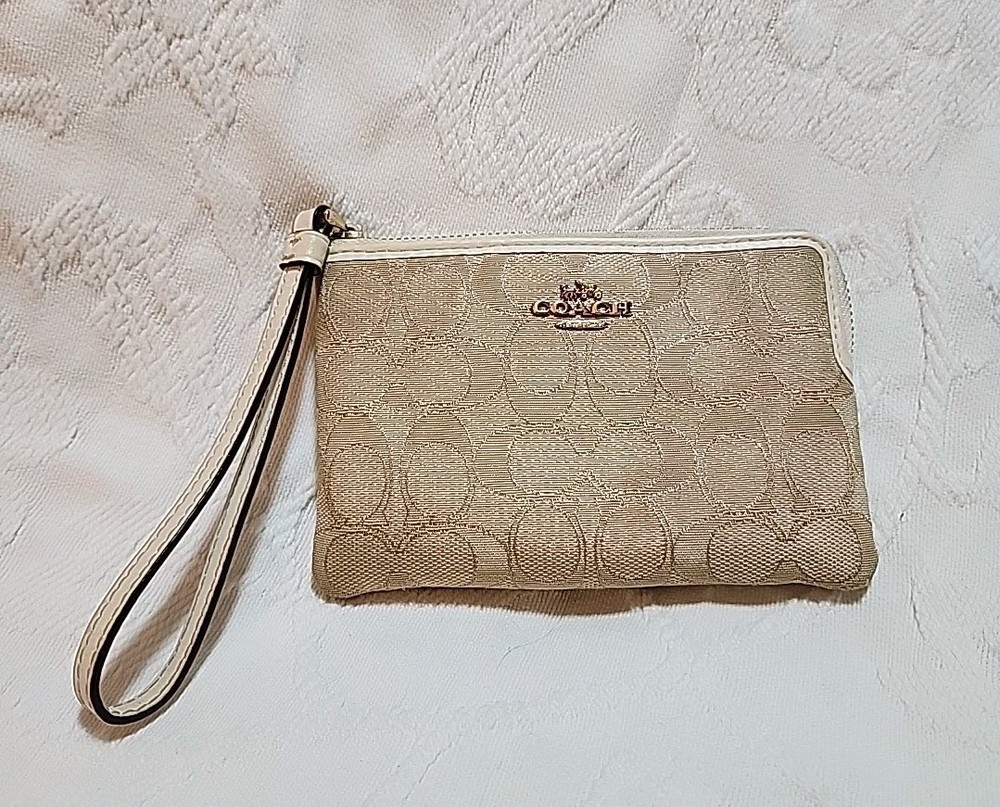 Coach Small Zip Top Wristlet in Cream Leather & Tan Jacquard Logo Fabric