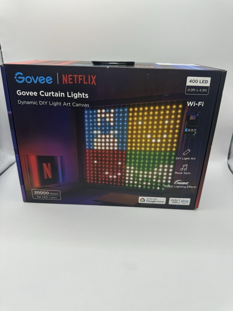 Govee H70BCAA1 Netflix RGBIC Smart Curtain Lights 400 LEDs 4.92ft x 4.92ft Indoor LED Lights