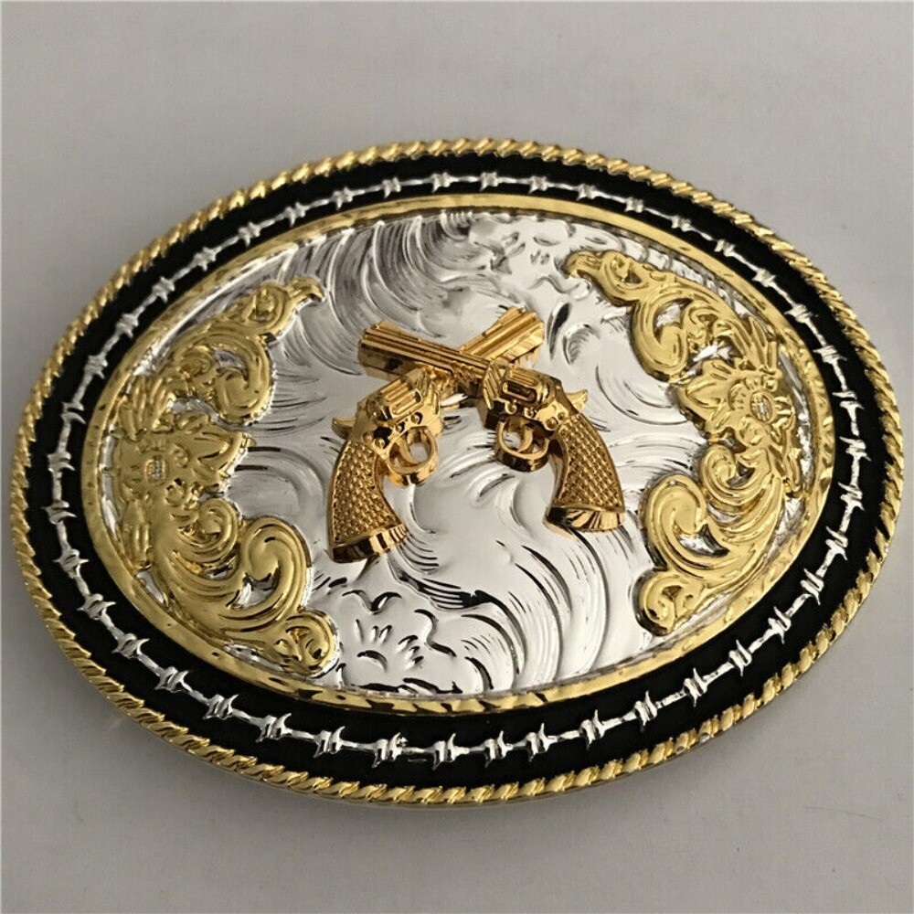 Large Western Belt Buckle for Men Cowboy Rodeo Vintage Style Crossed Revolvers