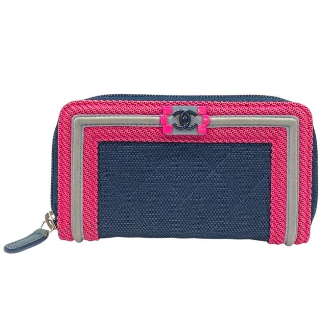 Chanel Boy Chanel Mesh Medium Round Zipper Zip Wallet Fabric Navy Authentic