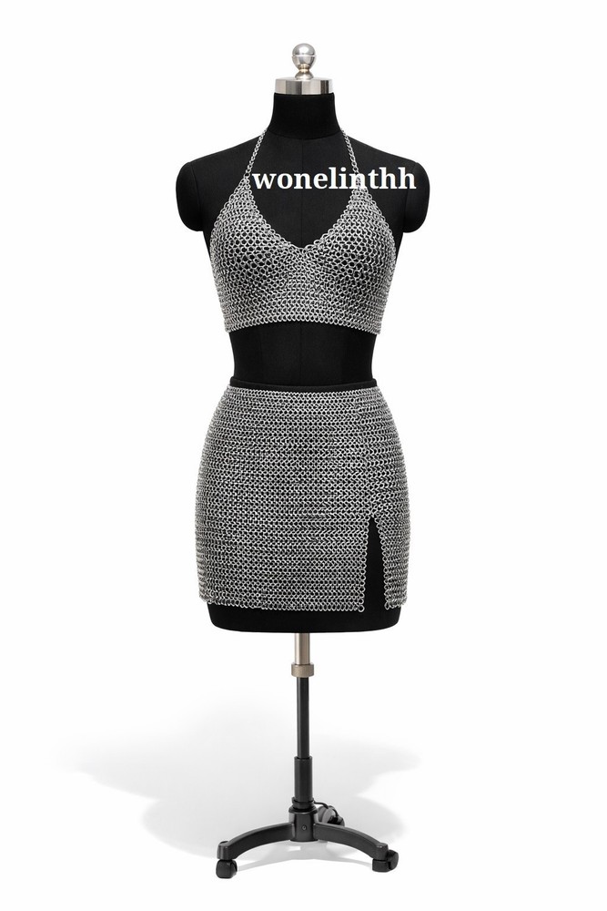 Women Aluminium Chainmail Bra & Skirt Set Medieval Metal Costume Armor