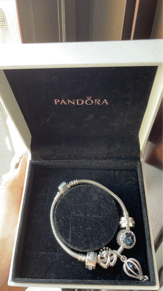 Pandora 925 Silver Bracelet with 5 Charms - Blue Zirconia Heart Balloon Crown